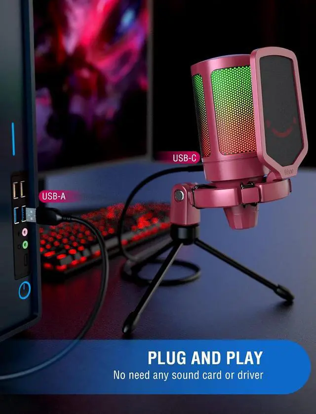 Alt view image 4 of 7 - PC Microphone, Streaming USB Headset, Compatible with Computer/PS4/PS5, Gaming Condenser Mic with Pop Filter, Shock Mount, Streaming RGB Headphones with EQ Mode, RGB, Soft Ear Pads-Red (A6R+H6)