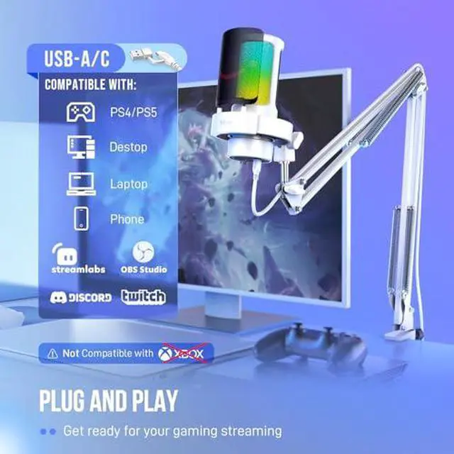 Alt view image 5 of 7 - USB Gaming Microphone Kit with Recording Headphones Bundle, Condenser PC Microphone with Over-Ear Headphone Set for Streaming, Podcasting with Monitoring, Gain Knob, Tap-to-Mute (A8T+H8 White)