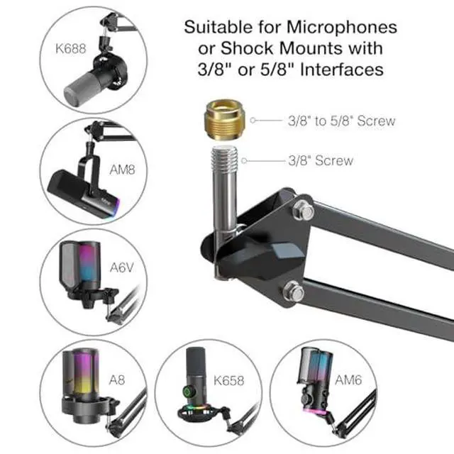 Alt view image 6 of 6 - Gaming Microphone and Arm Stand Bundle,RGB USB Condenser Mic with Headphone Jack,Light Control for Live Streaming,Metal Boom Arm with Heavy Duty Clamp for Podcasting Recording(A8W+CS1)