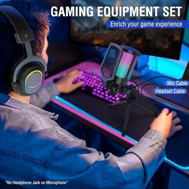 Alt view image 2 of 7 - Gaming USB Microphone with Headset Bundle for PS5, PC Condenser Mic with Quick Mute, RGB, Gain Control for Streaming, Wired Headphones with Microphone Set with EQ Mode, Soft Ear Pads (A6V+H6)