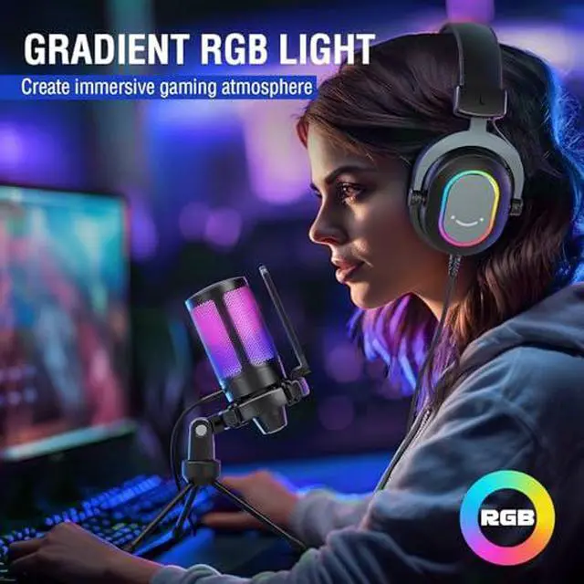 Alt view image 3 of 7 - Gaming USB Microphone with Headset Bundle for PS5, PC Condenser Mic with Quick Mute, RGB, Gain Control for Streaming, Wired Headphones with Microphone Set with EQ Mode, Soft Ear Pads (A6V+H6)