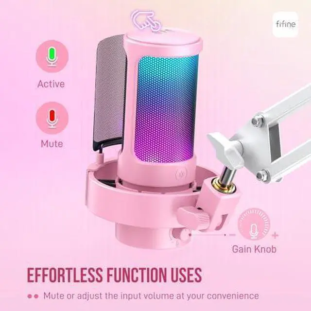 Alt view image 4 of 7 - USB Condenser Microphone Kit with Gaming Headset Bundle, Streaming RGB Mic with Headphone Jack, Gain Knob, Mute Button, RGB Lighting, Over-Ear Headset Compatible for PS4/PS5/PC (A8T+H9 Pink)