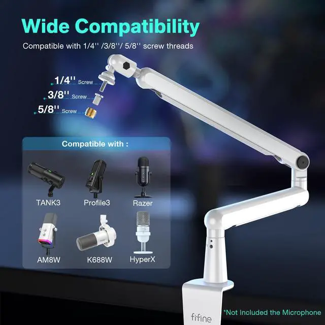 Alt view image 4 of 7 - Microphone Boom Arm and USB Gaming Headset Set,Robust Metal Stand with Low Profile,Cable Management,Over-Ear RGB Headset with 7.1 Surround Sound,Noise Cancellation for PS4/PS5 Gamer(BM88W+H6W)
