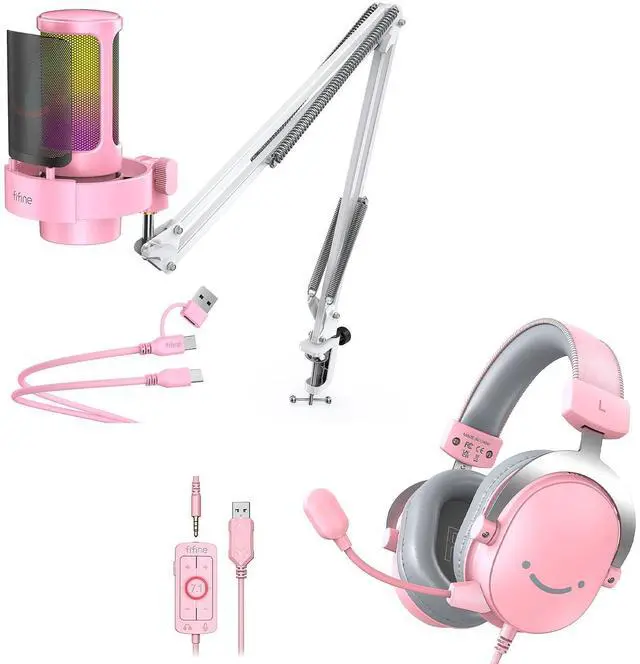 Main image of USB Condenser Microphone Kit with Gaming Headset Bundle, Streaming RGB Mic with Headphone Jack, Gain Knob, Mute Button, RGB Lighting, Over-Ear Headset Compatible for PS4/PS5/PC (A8T+H9 Pink)