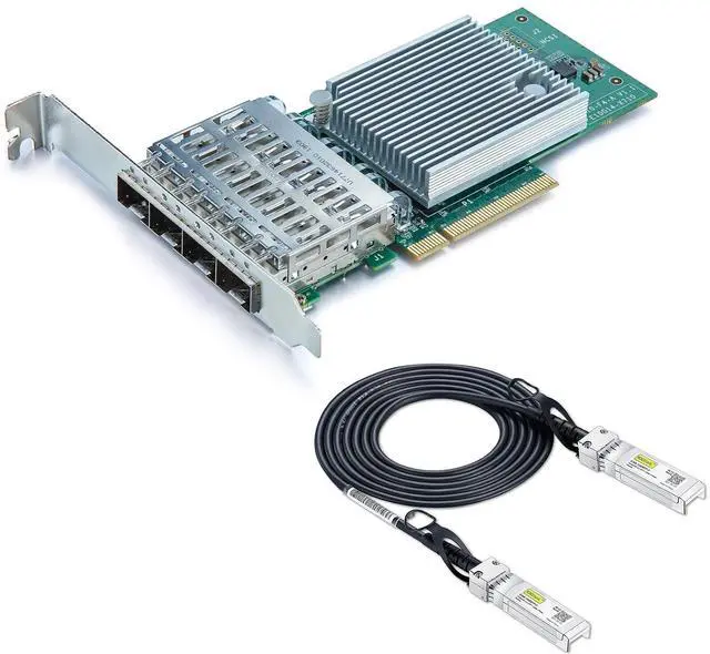 Main image of 1 Pack of 10GBASE-CU Passive Direct Attach Copper SFP Cable for Cisco SFP-H10GB-CU2M and 1 Pack of 10Gb PCI-E NIC Network Card, Quad SFP+ Port