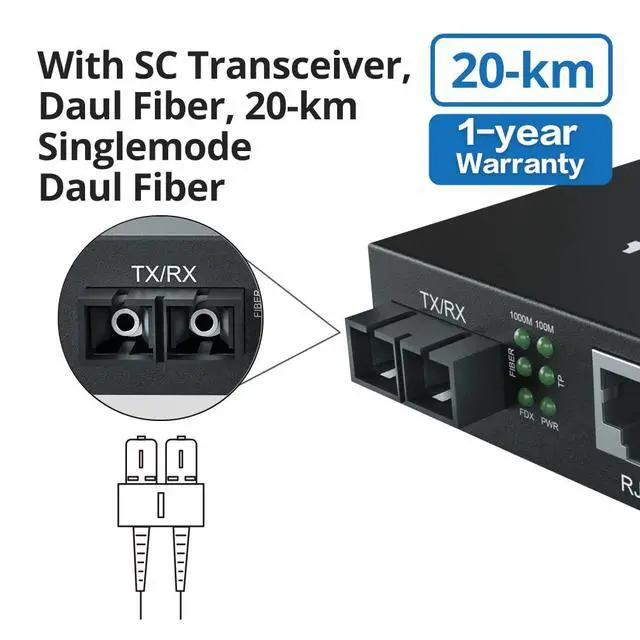 Alt view image 2 of 6 - Gigabit SingleMode Fiber to Ethernet Media Converter, Dual SC Fiber, 1000Base-LX to 10/100/1000Base-Tx Gigabit SMF Fiber SC to Copper RJ45 Ethernet Converter, UL Certified, 20km, Pack of 2