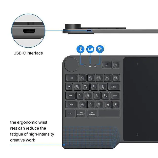 Alt view image 6 of 7 - Inspiroy Keydial KD200 Bluetooth 5.0 Wireless Graphics Drawing Tablet with Keyboard Dial 5 Customized Express Keys Battery-Free Stylus PW517 Tilt for PC, Mac, Android, with Skeleton Artist Glove