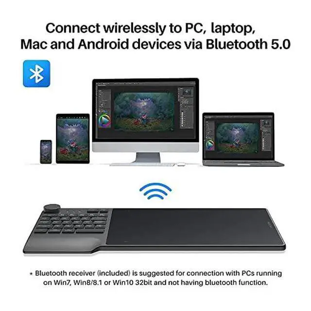 Alt view image 2 of 7 - Inspiroy Keydial KD200 Bluetooth 5.0 Wireless Graphics Drawing Tablet with Keyboard Dial 5 Customized Express Keys Battery-Free Stylus PW517 Tilt for PC, Mac, Android, with Skeleton Artist Glove