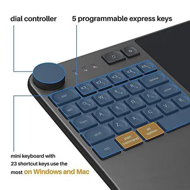 Alt view image 3 of 7 - Inspiroy Keydial KD200 Bluetooth 5.0 Wireless Graphics Drawing Tablet with Keyboard Dial 5 Customized Express Keys Battery-Free Stylus PW517 Tilt for PC, Mac, Android, with Skeleton Artist Glove