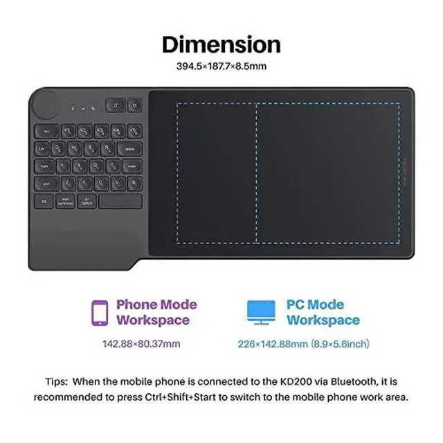 Alt view image 4 of 7 - Inspiroy Keydial KD200 Bluetooth 5.0 Wireless Graphics Drawing Tablet with Keyboard Dial 5 Customized Express Keys Battery-Free Stylus PW517 Tilt for PC, Mac, Android, with Skeleton Artist Glove