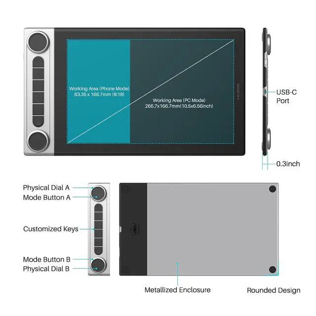 Alt view image 7 of 7 - Inspiroy Dial 2 10.5 x 6.56inch Bluetooth Wireless Graphics Drawing Tablet with Dual Dials Battery-Free Stylus for Digital Art and Large Size Glove