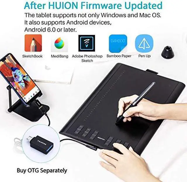 Alt view image 2 of 7 - Inspiroy H1060P Graphics Drawing Tablet with 2 PCS Digital Pen PW100, OTG Adapter Included