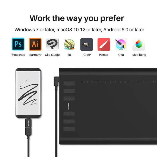 Alt view image 5 of 7 - Inspiroy H1060P Graphics Drawing Tablet with 2 PCS Digital Pen PW100, OTG Adapter Included