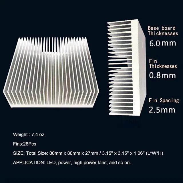 Alt view image 5 of 5 - JVFYI 80x80x27mm Aluminum Heatsink, 26-Fin Cooler for LED, Power Electronics, and Circuit Board Cooling