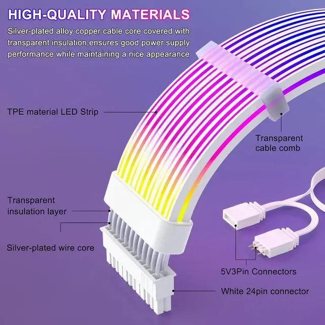 Alt view image 2 of 7 - JVFYI 24 Pin RGB PSU Cables,ARGB PC Cable for Motherboard Power Supply Extension - 5V 3Pin Addressable Four Sides Lighting RGB Strips Decor Computer Case White