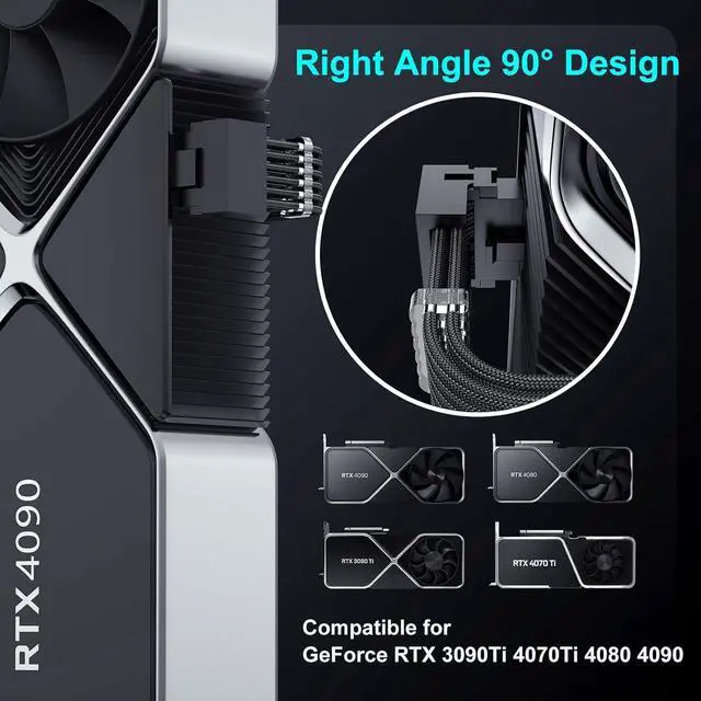 Alt view image 2 of 7 - JVFYI 16Pin 90 Degree GPU Power Adapter Cable,16Pin Male to 3X8Pin Female PCIE 5.0 12VHPWR Right Angled Extension 12v-2x6 Extender Cord for GeForce RTX 5070 Ti 4090 4080 4070 Super 3090Ti-13in Black