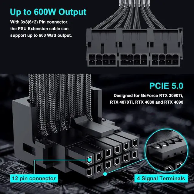 Alt view image 3 of 7 - JVFYI 16Pin 90 Degree GPU Power Adapter Cable,16Pin Male to 3X8Pin Female PCIE 5.0 12VHPWR Right Angled Extension 12v-2x6 Extender Cord for GeForce RTX 5070 Ti 4090 4080 4070 Super 3090Ti-13in Black
