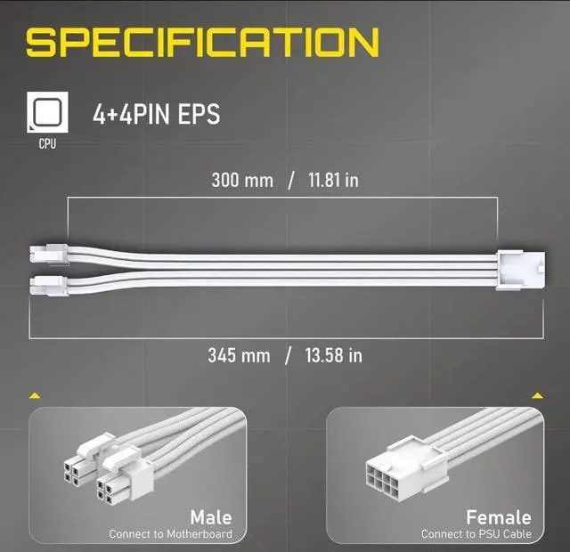 Alt view image 2 of 7 - JVFYI 8-Pin Female to CPU 8-Pin (4+4) ATX 4 Pin Male Power Supply Adapter Extension Cable for Motherboard 11.8 inch (30 cm)-All White