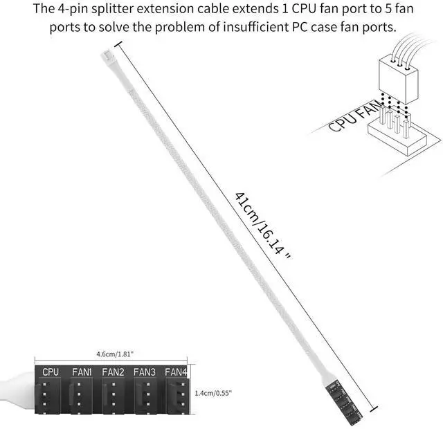 Alt view image 2 of 5 - JVFYI 2-Pack 4Pin PWM Fan Hub 1 to 5 Ports Splitter Extension Cable for 3-Pin/4-Pin Computer PC Case Cooling Fan (White)