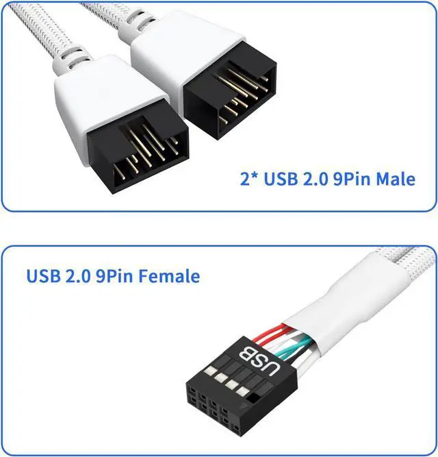 Alt view image 2 of 5 - JVFYI 2 Pack Motherboard USB 2.0 to Dual 9 Pin Extension, USB Header Splitter for Internal Motherboard (Braided White)