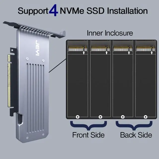 Alt view image 6 of 6 - 4-Port M.2 NVMe PCIe 4.0 X16 Adapter Card - 256Gbps Aluminum RAID Controller Supporting RAID 0/1/5 & SSD Bifurcation