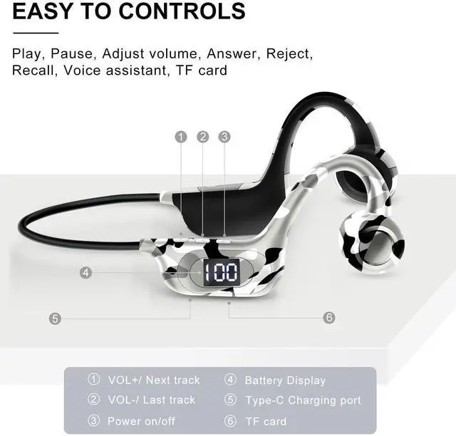 Alt view image 5 of 7 - AKZ-G6 True Bone Conduction Bluetooth Headphones with MicroSD Card Slot & LED Display,2025 Wireless Open-Ear Sports Headset for Running, IPX8 Waterproof, 8H+ Playtime, Bluetooth 5.3 Military green