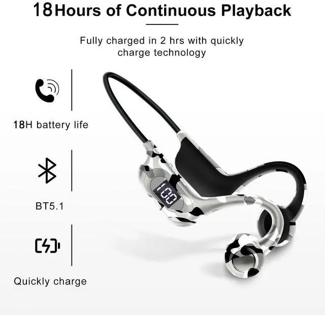 Alt view image 2 of 7 - AKZ-G6 True Bone Conduction Bluetooth Headphones with MicroSD Card Slot & LED Display,2025 Wireless Open-Ear Sports Headset for Running, IPX8 Waterproof, 8H+ Playtime, Bluetooth 5.3 Military green