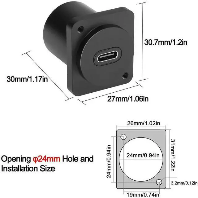 Alt view image 6 of 7 - JVFYI 10Gbps USB-C to USB-C Panel Mount Adapter, Type-C 3.1 Female to Female Straight Connector, 100W Charging, Integral Al Alloy Housing, D-Type/XLR Panel Mount, Extension