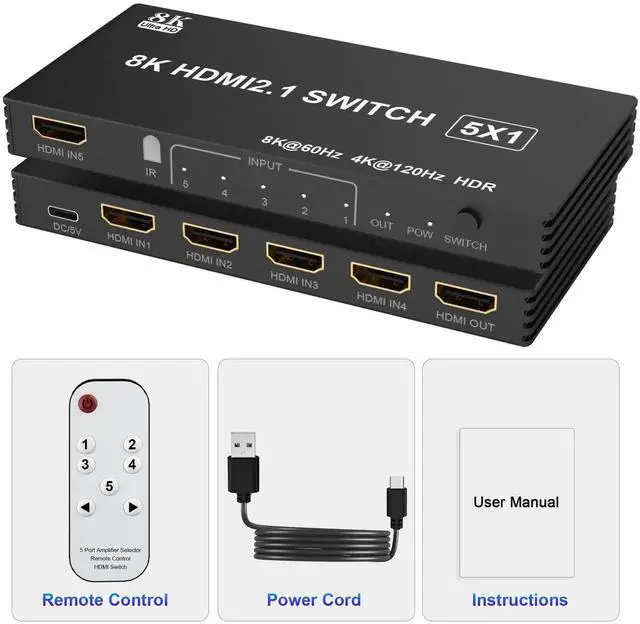 Alt view image 7 of 7 - JVFYI 8K@60Hz HDMI Switch 5 in 1 Out, 5 Port HDMI 2.1 Switcher Selector Box for 5 Computers with Remote Control, HDMI Multiport Adapter Port Expander Switcher Splitter for PS5 PS4 Xbox PC TV