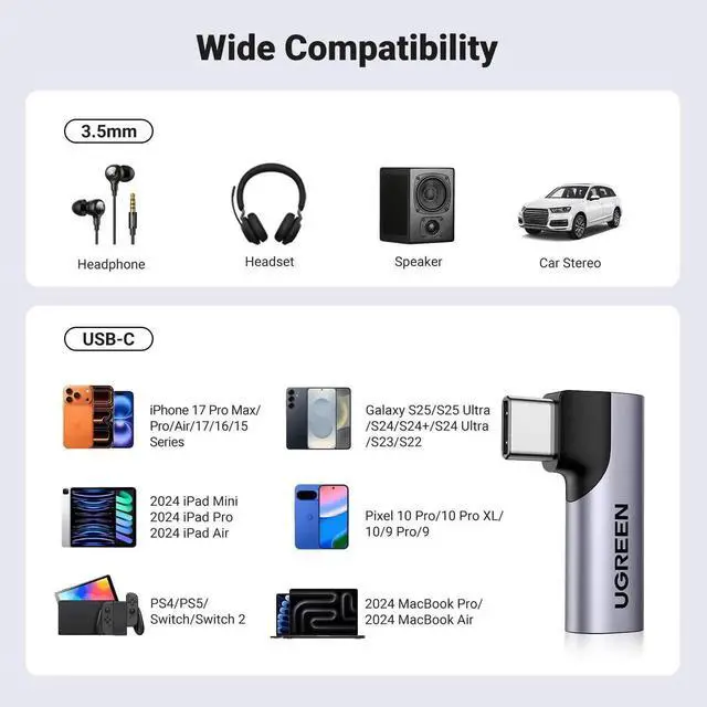 Alt view image 7 of 7 - UGREEN USB C to 3.5mm Audio Adapter Type C Aux Headphone Jack DAC Stereo Mic HiFi Right Angle Dongle Compatible with iPhone 17 16 15 Pro Max/16 15 Plus, iPad Pro, Galaxy S25 Ultra Pixel 9, Gray