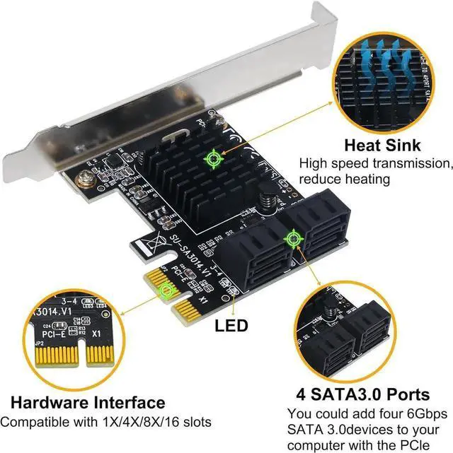 Alt view image 4 of 7 - JVFYI PCIe SATA Card 4 Ports with 4 SATA Cables, SATA 3.0 Controller Expansion Card with Low Profile Bracket, PCI-E X1 3.0 Gen3 (6Gbps) Boot as System Disk, Non Raid, Support 4 SATA 3.0 Devices