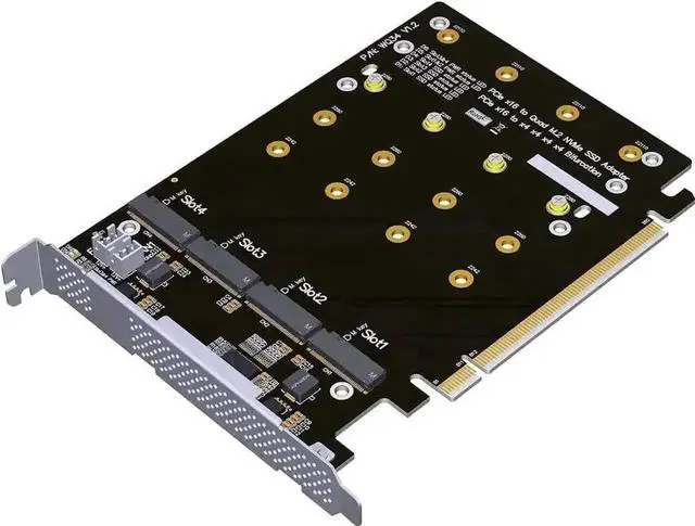Alt view image 3 of 7 - JVFYI PCIe 4.0 16x to 4X M.2 NVME SSD Adapter Card PCIe 4.0 GEN4 Full Speed Bifurcation Four-Bay Board Expansion Card 1 to 4 M.2 NVMe SSD Adapter Support 2242 2260 2280 22110 (No Heatsink)