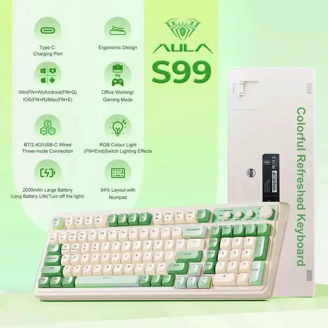 Alt view image 2 of 7 - Vszerda S99 Gaming Keyboard, Wireless Computer Keyboards, Tri-Mode Bluetooth/2.4GHz/USB-C Custom Creamy Keyboard with Number Pad, RGB Backlit Media Knob Cute Programmable Keyboard for PC Gamer - Green