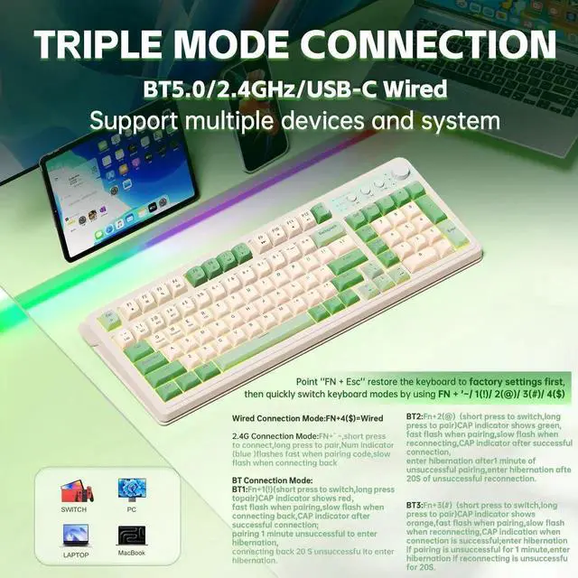 Alt view image 3 of 7 - Vszerda S99 Gaming Keyboard, Wireless Computer Keyboards, Tri-Mode Bluetooth/2.4GHz/USB-C Custom Creamy Keyboard with Number Pad, RGB Backlit Media Knob Cute Programmable Keyboard for PC Gamer - Green