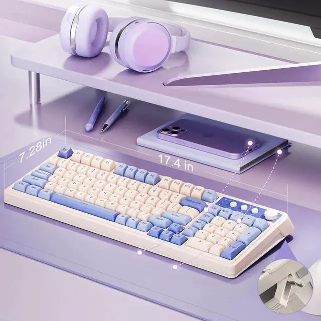 Alt view image 7 of 7 - 99 Key Keyboard, Tri-Mode Bluetooth/2.4GHz/USB-C Cute Creamy Gaming Keyboard with Number Pad RGB Backlit, Media Knob Custom Mechanical Feel Computer Keyboards for MAC Xbox PC Gamer - Purple