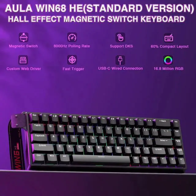 Alt view image 2 of 7 - WIN68 HE Mechanical Gaming Keyboard 60%, Hall Effect Magnetic Switch, Fast Trigger Mode Adjustable Actuation, 8000Hz Polling Rate, RGB Backlit, Wired Black Keyboard for Laptop/PC Gamer