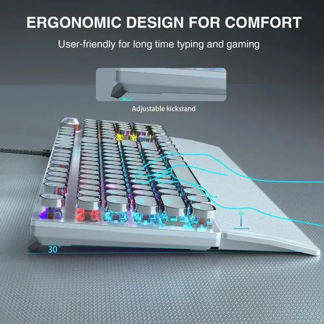 Alt view image 7 of 7 - F2088 Typewriter Mechanical Keyboard, White Retro Wired Gaming Keyboard with Blue Switches, Rainbow Backlit, Round Keycaps, Media Knob & Removable Wrist Rest