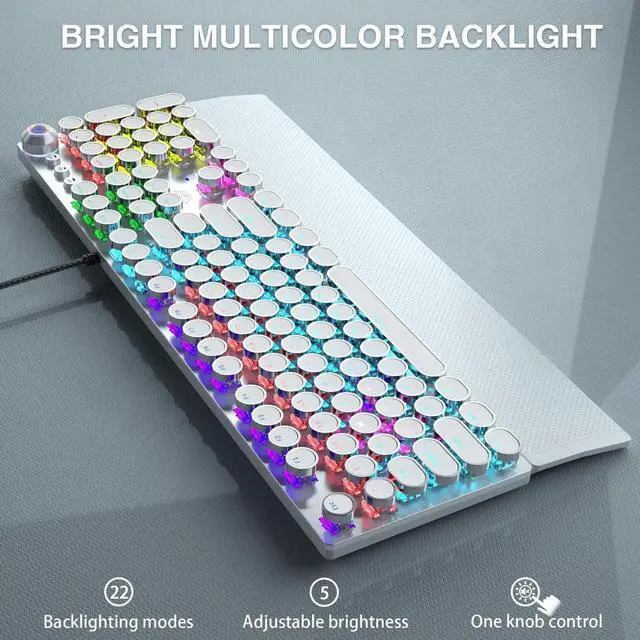 Alt view image 4 of 7 - F2088 Typewriter Mechanical Keyboard, White Retro Wired Gaming Keyboard with Blue Switches, Rainbow Backlit, Round Keycaps, Media Knob & Removable Wrist Rest