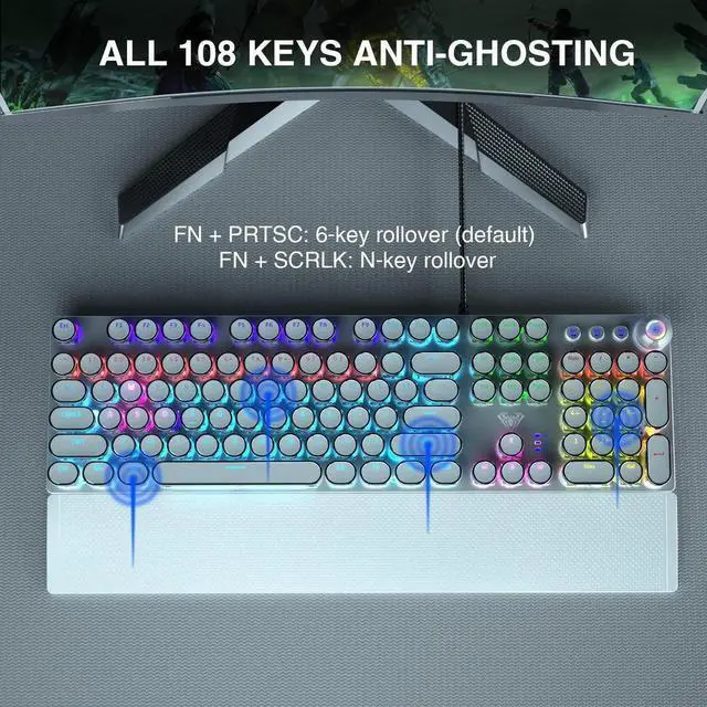 Alt view image 6 of 7 - F2088 Typewriter Mechanical Keyboard, White Retro Wired Gaming Keyboard with Blue Switches, Rainbow Backlit, Round Keycaps, Media Knob & Removable Wrist Rest