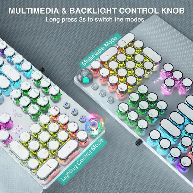 Alt view image 5 of 7 - F2088 Typewriter Mechanical Keyboard, White Retro Wired Gaming Keyboard with Blue Switches, Rainbow Backlit, Round Keycaps, Media Knob & Removable Wrist Rest