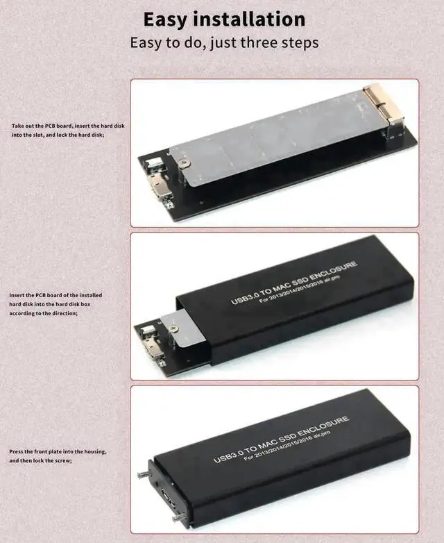 Alt view image 3 of 7 - USB C 3.0 to 12+16Pin SSD Enclosure Compatible with Apple MacBook Air pro Retina 2013 2014 2015 2016 SSD A1493 A1502 (Black)