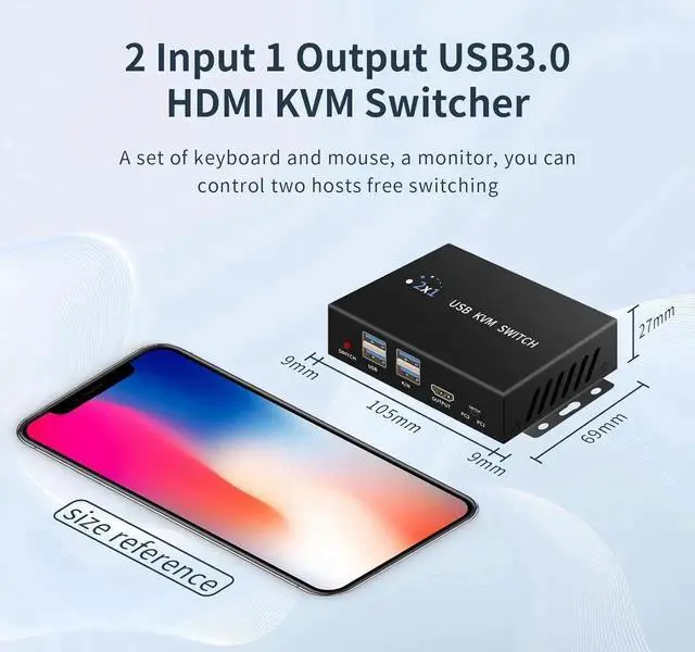 Alt view image 7 of 7 - 2 Port HDMI KVM Switch for 2 Computers 1 Monitors, 4K@60Hz, USB 3.0 Devices KVM switcher, USB 3.0 HDMI Switch 2 in 1 Out, with Desktop Controller, Button switches, Support Windows, Linux, MacOS