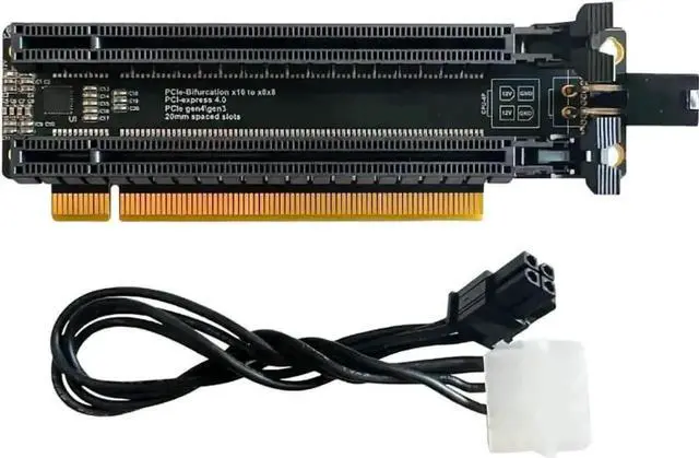 Main image of PCI-E 4.0 x16 1 to 2 Expansion Card Gen4 Split Card PCIe-Bifurcation x16 to x8x8 with 20mm Spaced Slots CPU4P Power Supply Port (with 4Pin Cable)