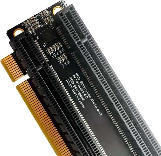 Alt view image 3 of 6 - PCI-E 4.0 x16 1 to 2 Expansion Card Gen4 Split Card PCIe-Bifurcation x16 to x8x8 with 20mm Spaced Slots CPU4P Power Supply Port (with 4Pin Cable)