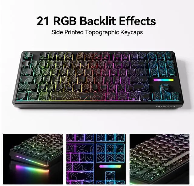 Alt view image 7 of 7 - Wireless Mechanical Gaming Keyboard: 10000mAh Battery Tri-Mode 2.4G/BT5.3/USB-C Hot Swappable Custom Keyboard with RGB Backlit, Side Printed PBT Keycaps, 15-Layer Gasket Structure, Topographic