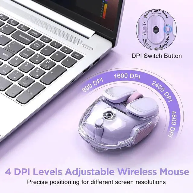 Alt view image 3 of 7 - Q9 Chargeable Portable Silent 2.4GHz/Bluetooth Dual Mode Wireless Mouse, 4 Adjustable DPI,4800 DPI Optical Tracking Mouse with RGB Lighting, Compatible Win/Mac/Android/iOS(Purple)