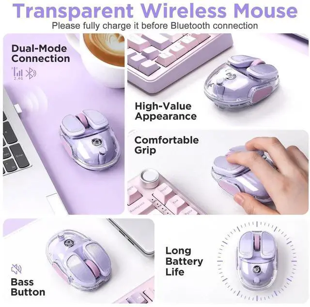 Alt view image 2 of 7 - Q9 Chargeable Portable Silent 2.4GHz/Bluetooth Dual Mode Wireless Mouse, 4 Adjustable DPI,4800 DPI Optical Tracking Mouse with RGB Lighting, Compatible Win/Mac/Android/iOS(Purple)