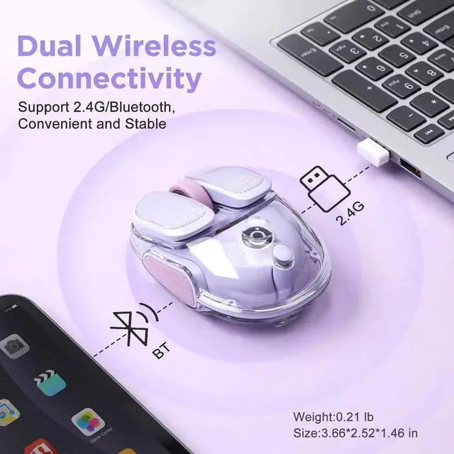 Alt view image 7 of 7 - Q9 Chargeable Portable Silent 2.4GHz/Bluetooth Dual Mode Wireless Mouse, 4 Adjustable DPI,4800 DPI Optical Tracking Mouse with RGB Lighting, Compatible Win/Mac/Android/iOS(Purple)