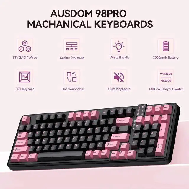 Alt view image 2 of 7 - 98Pro Silent Wireless Mechanical Keyboard, Tri-Mode BT/2.4G/USB-C Hot Swappable Custom Quiet Keyboard with Backlit, Gasket Structure, PBT Keycaps,Pre-lubed Tactile Switches(Black & Pink-Silent)