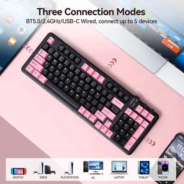 Alt view image 3 of 7 - 98Pro Silent Wireless Mechanical Keyboard, Tri-Mode BT/2.4G/USB-C Hot Swappable Custom Quiet Keyboard with Backlit, Gasket Structure, PBT Keycaps,Pre-lubed Tactile Switches(Black & Pink-Silent)